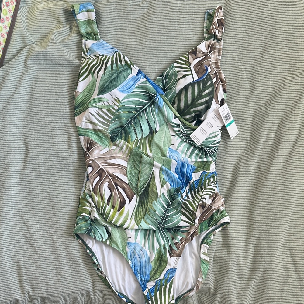 NWT Tropical Leaf Print One Piece Jantzen Swimsuit